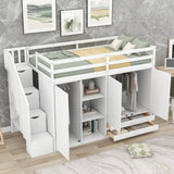 Functional Loft Bed with 3 Shelves, 2 Wardrobes and 2 Drawers, Ladder with Storage, No Box Spring Needed, White