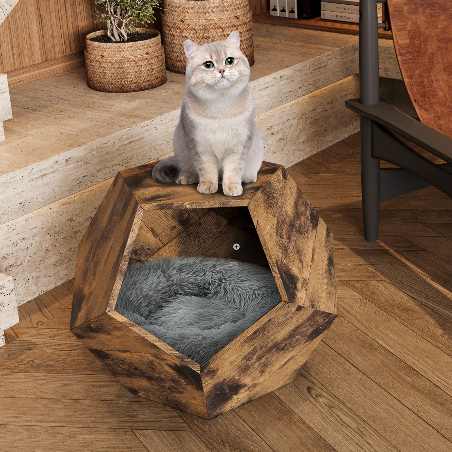 25.98" Shaped Modern Pet Furniture, Cat Kennel Side Table in Antique Wood Color