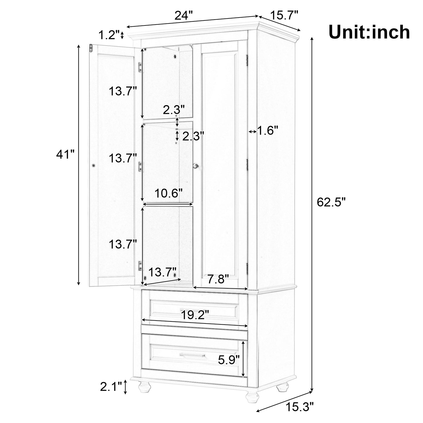 Tall Storage Cabinet with Two Drawers, Perfect for Bathrooms and Offices, Black Finish