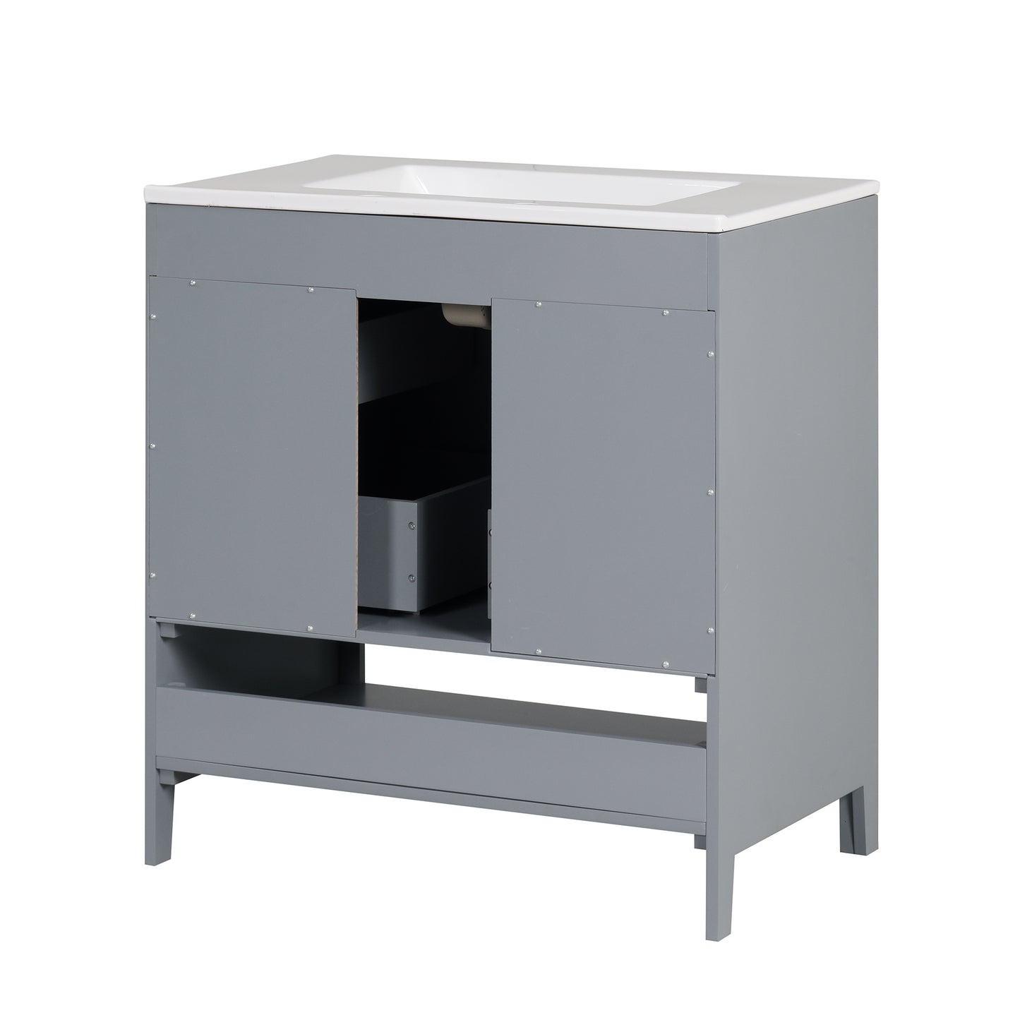 Bathroom Vanity with Sink, Multi-functional Bathroom Cabinet with Doors and Drawers, Solid Frame and MDF Board, Grey