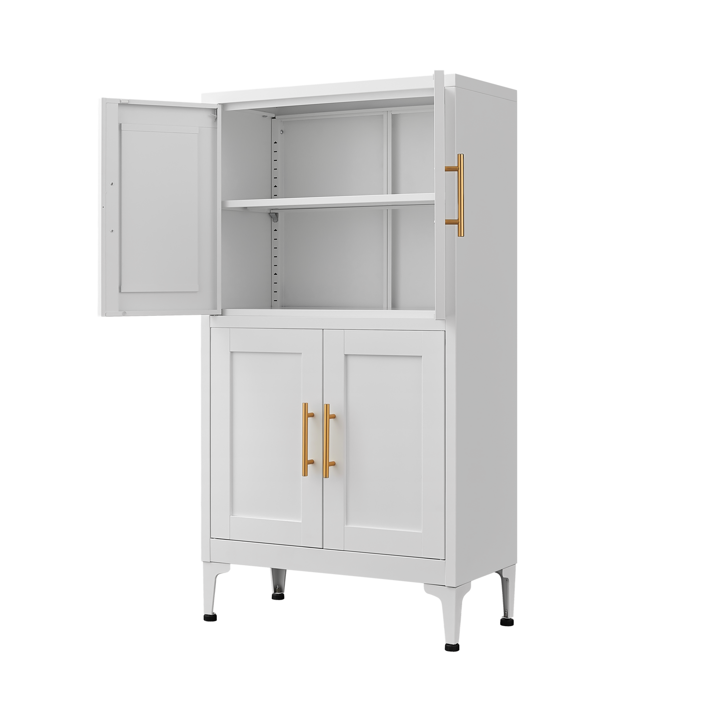 White Metal Kitchen Storage Cabinet with Adjustable Shelves and Leveling Feet