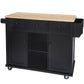 Kitchen trolley with rubber wood leaf countertop, 5-wheel kitchen island, storage cabinet and 3 dining drawers, black