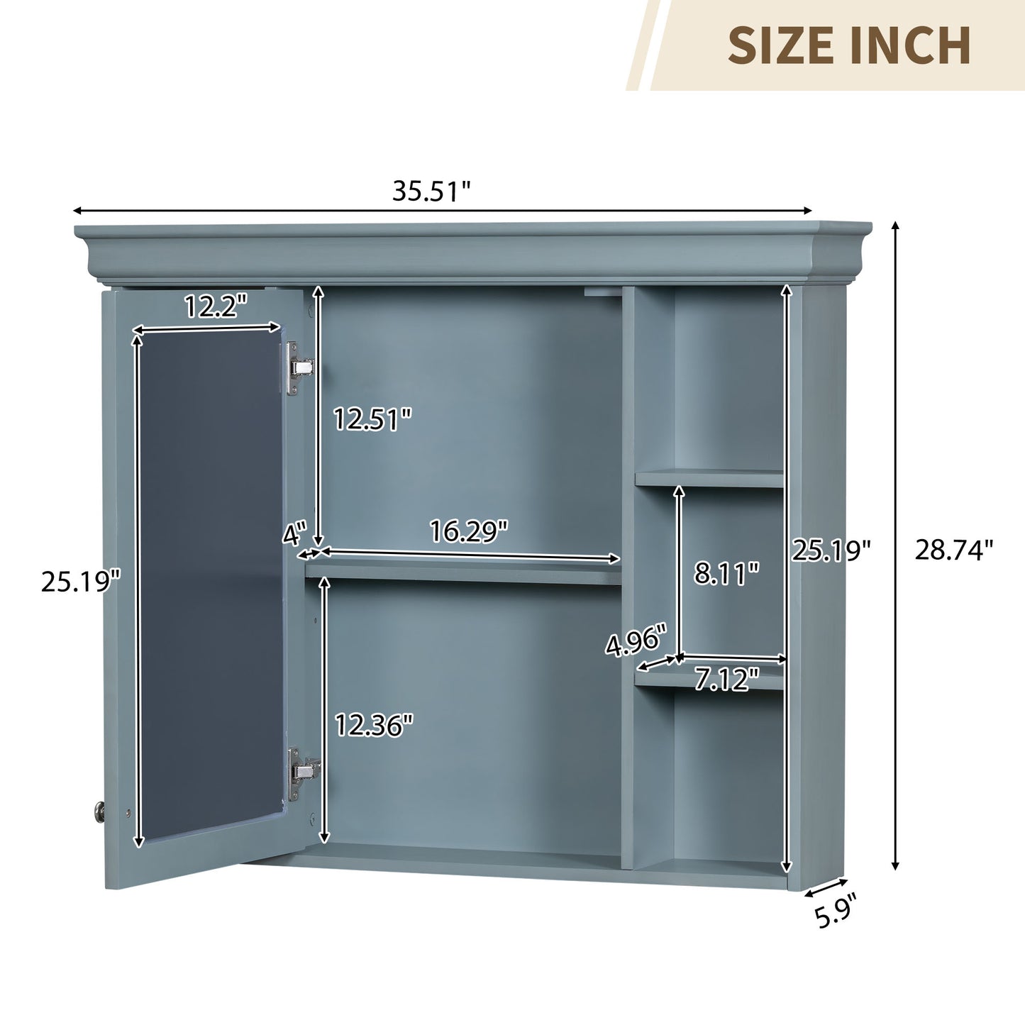 35 ''x 28' 'blue wall mounted bathroom storage cabinet with mirror door and medication cabinet with 6 open shelves