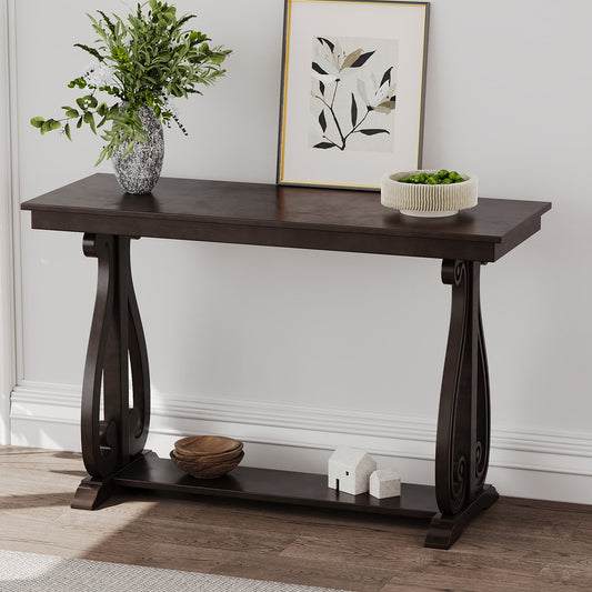 48-Inch Rustic Vintage Console Table, Farmhouse Style Entryway Table with Open Shelf, Espresso Finish