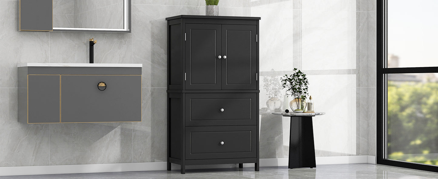 Bathroom Storage Cabinet, Cabinet with Two Doors and Drawers, Adjustable Shelf, MDF Board, Black