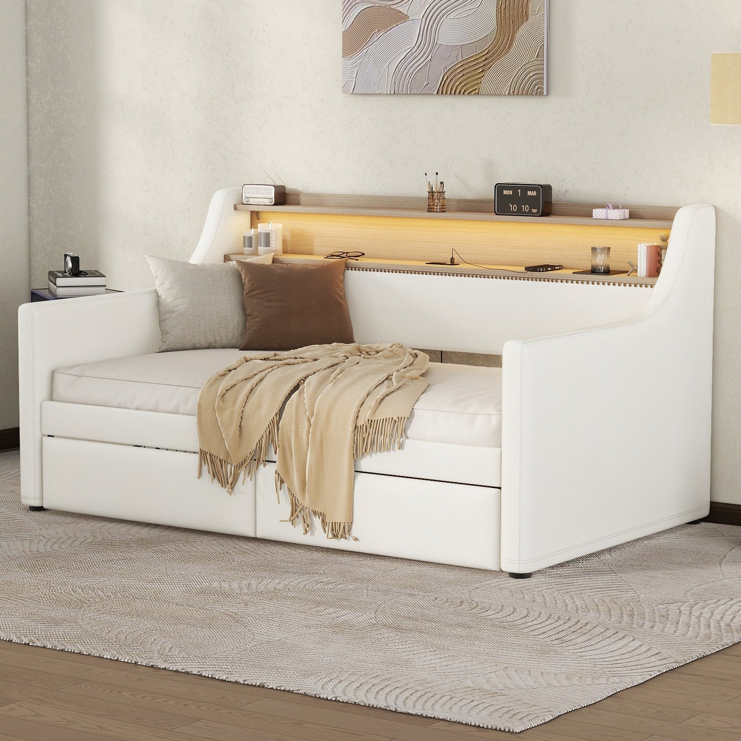 Twin Size Daybed with Drawers, Upholstered Daybed with Charging Station and LED Lights, White