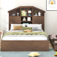 Full Size Wood Platform Bed with House-shaped Storage Headboard and 2 Drawers Walnut