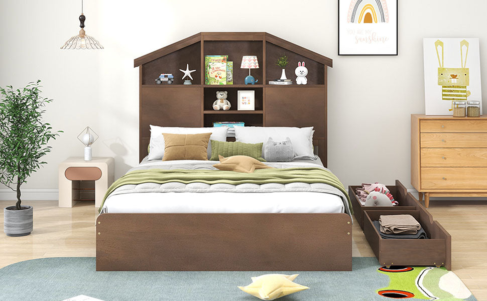 Full Size Wood Platform Bed with House-shaped Storage Headboard and 2 Drawers Walnut