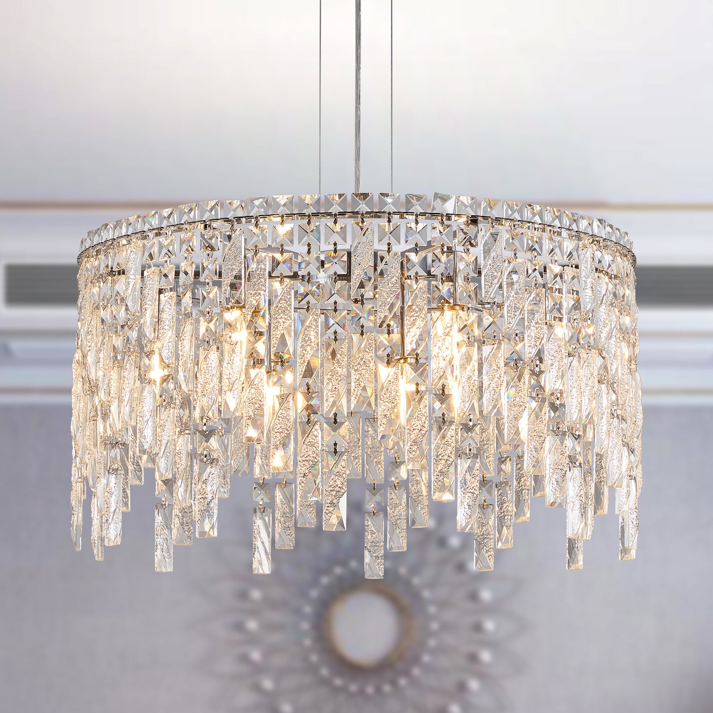 Deluxe round silver crystal chandelier, modern rectangular chandelier (excluding light bulbs)