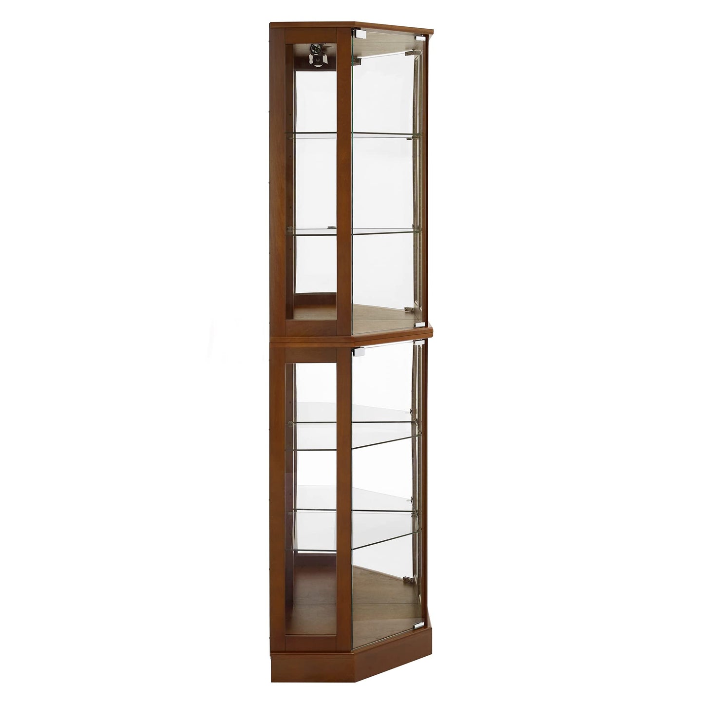 6 shelves corner Curio display cabinet with light mirror and adjustable shelves, walnut wood (excluding E26 light bulbs)