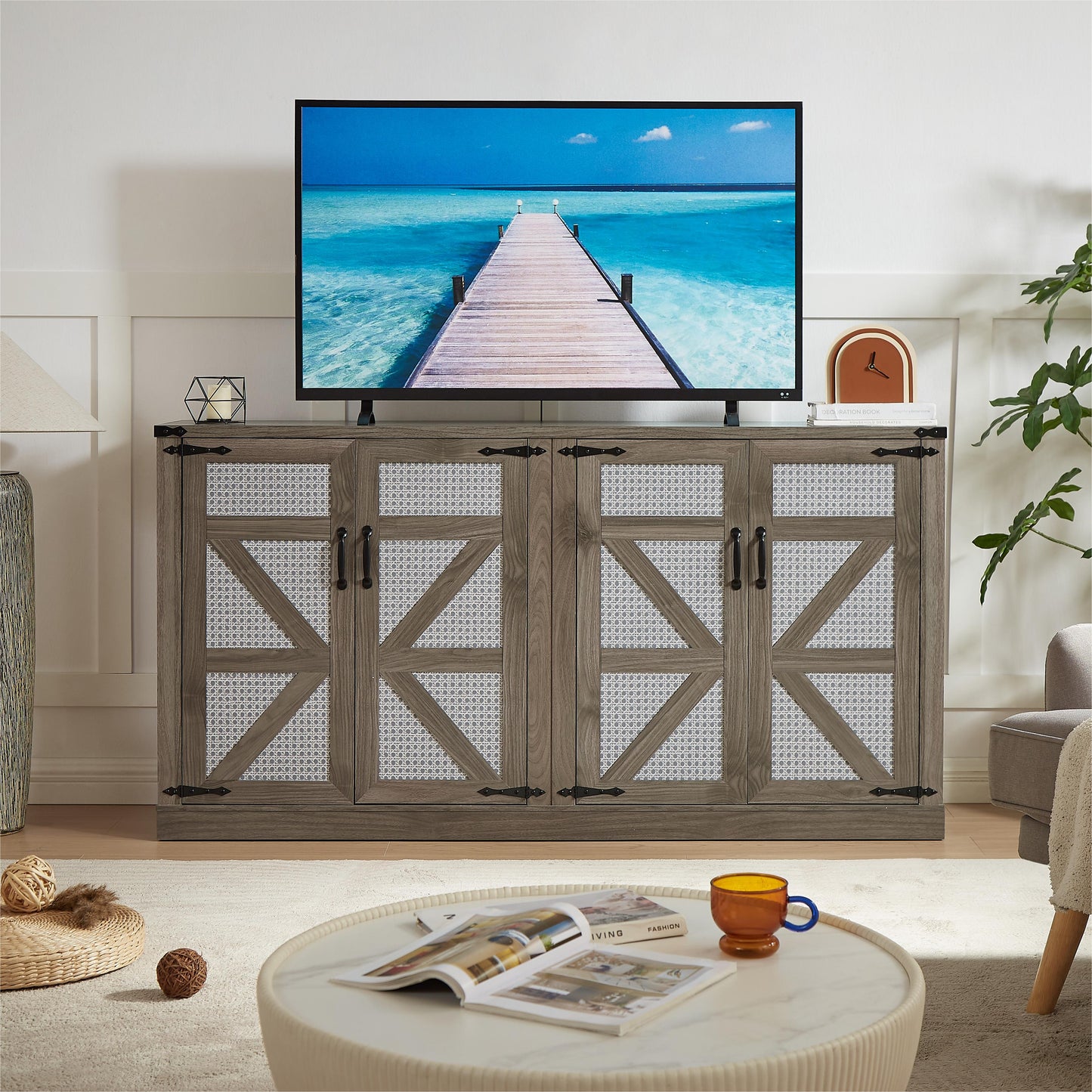 65-Inch Slate Gray Faux Rattan Sideboard with Barn Doors, 4-Door Storage for Living Rooms and Bedrooms