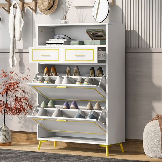 U-Can Shoe Cabinet with 2 Flip Drawers, 2 Slide Drawers, and 1 Shelf, Modern White Finish