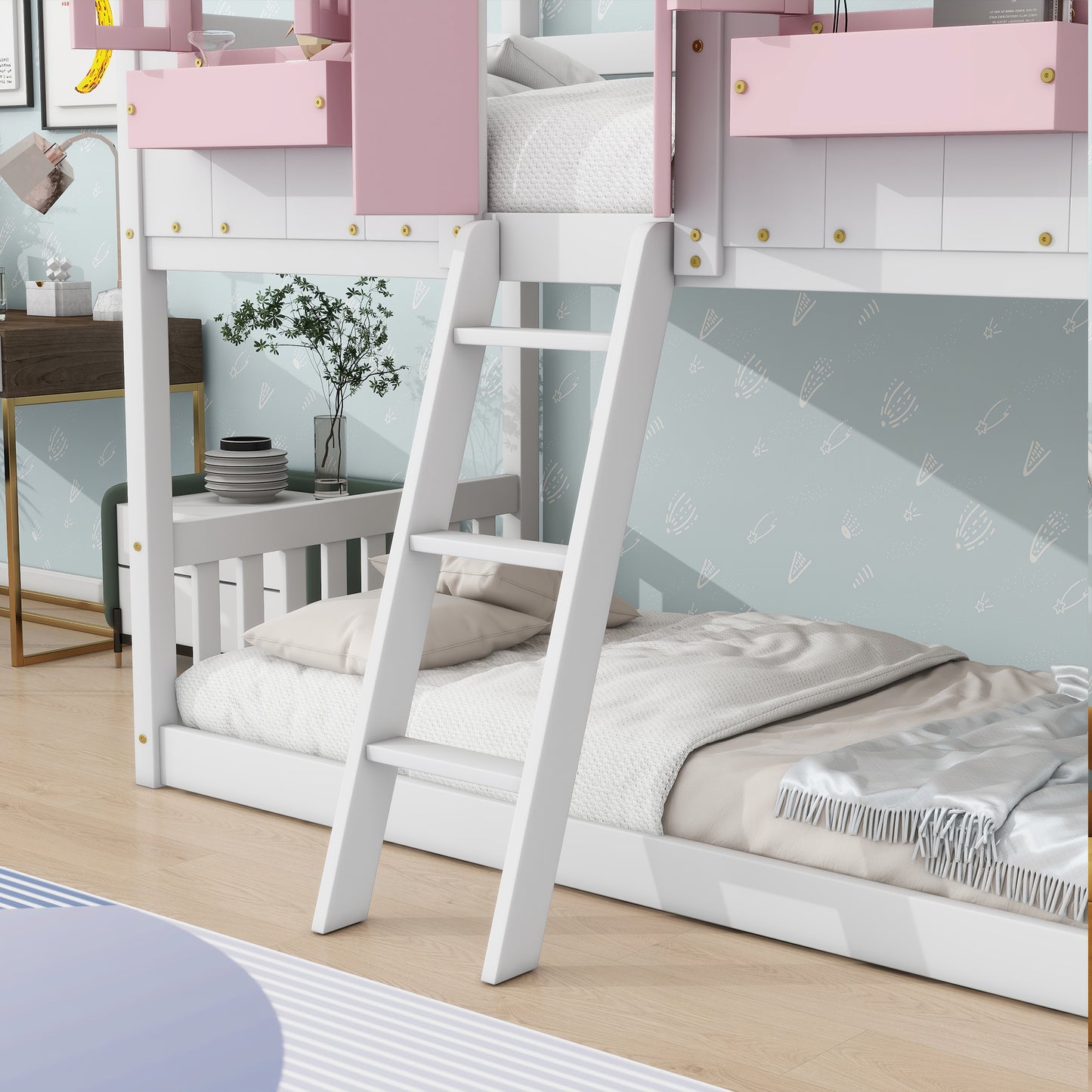 Twin over Twin House Bunk Bed with Roof , Window, Window Box, Door , with Safety Guardrails and Ladder, Pink/White