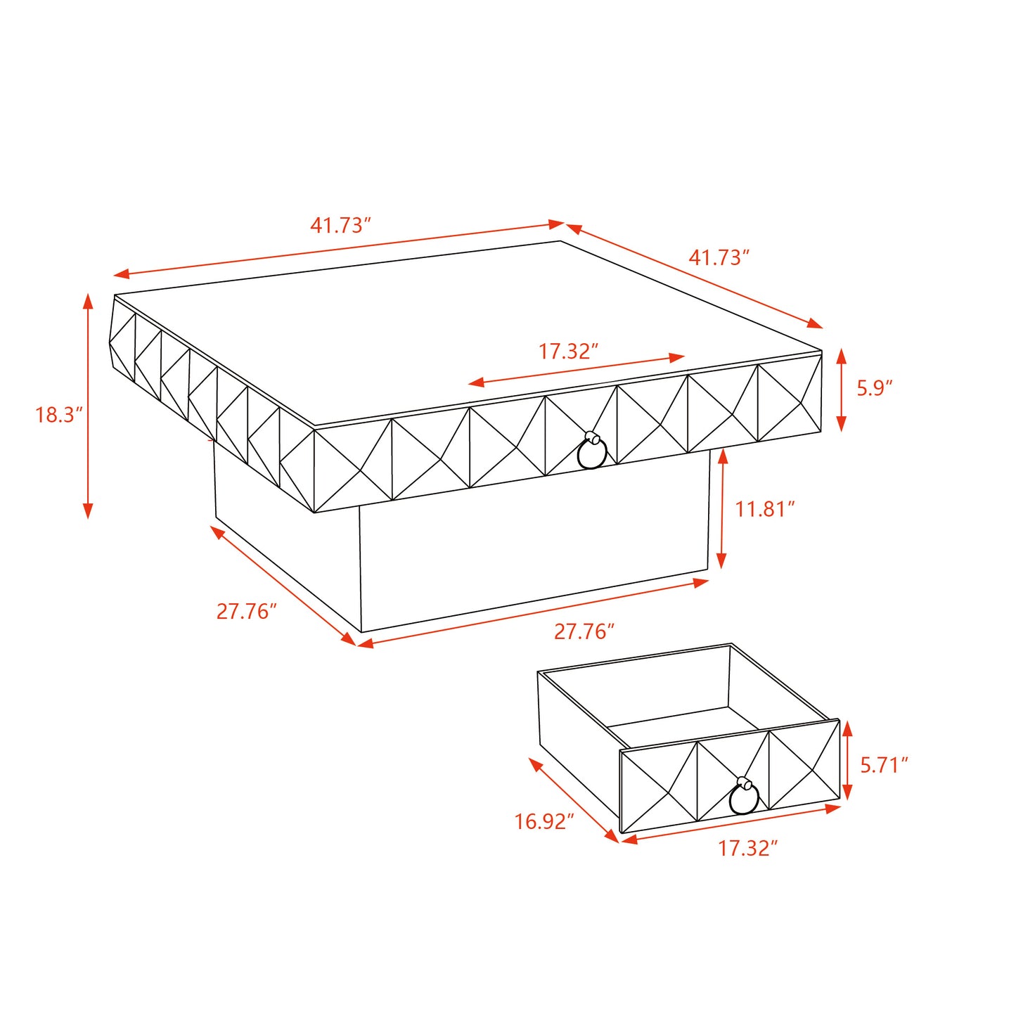 41.73" Three-Dimensional Embossed Pattern Square Retro Coffee Table with 2 Drawers and MDF Base