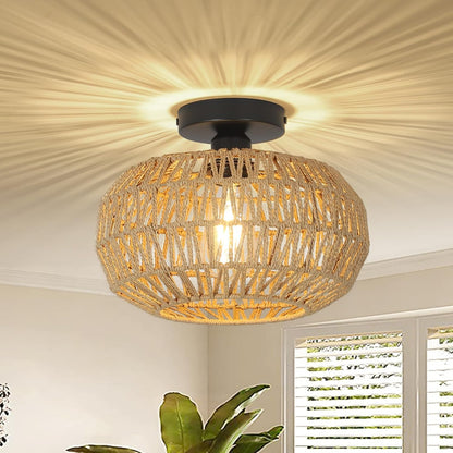 Rattan Light Fixtures Ceiling Mount,Boho Ceiling Light Fixture with Dimmable LED Bulb Mini Hand Woven Rattan