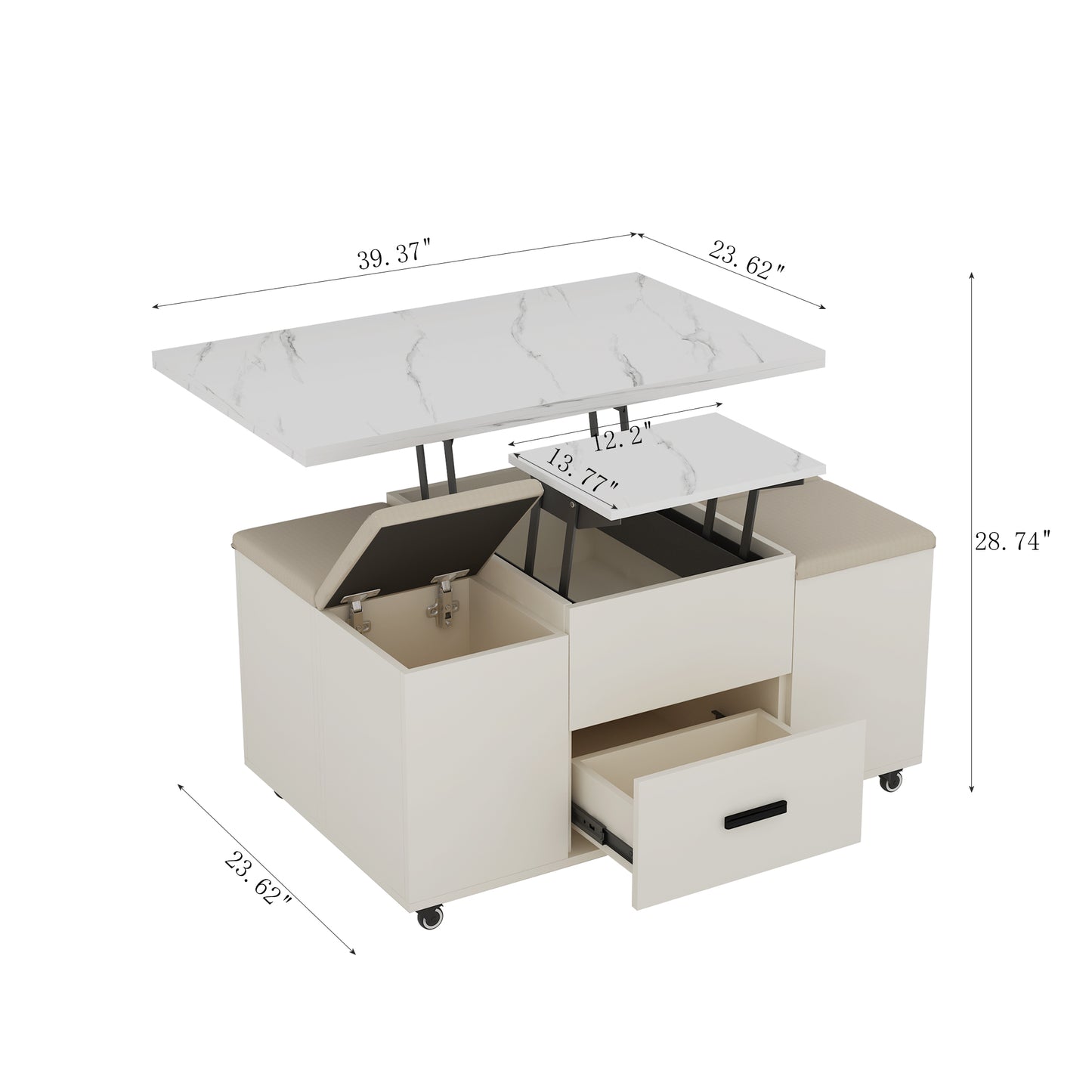 Mesa de centro elevable moderna con 4 sillas, diseño expandible con almacenamiento oculto y 2 cajones