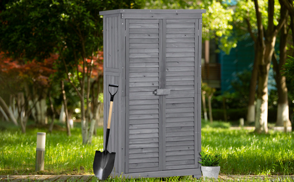 Wooden Garden Shed with 3-Tier Patio Storage, Outdoor Organizer with Fir Wood Shutter Design, Gray