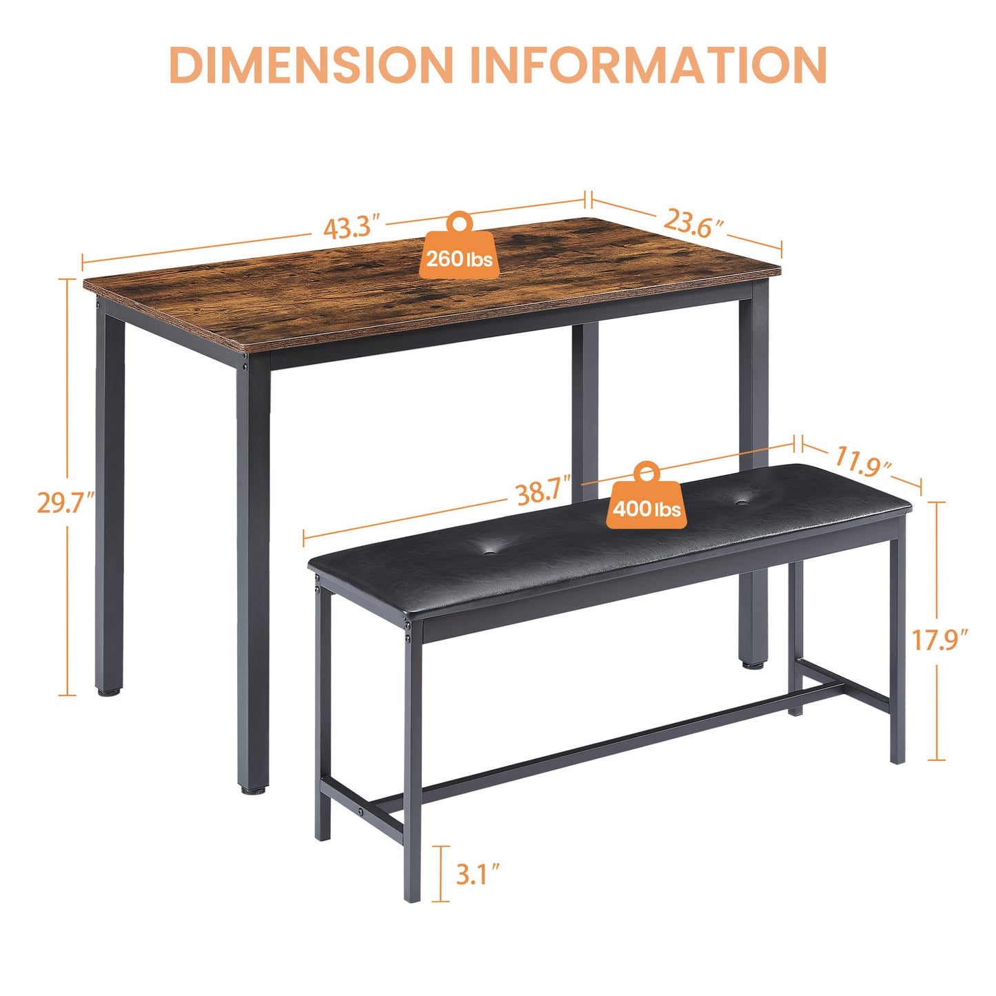 Dining Table Set Barstool Dining Table (with 2 PU Upholstered Benches) Industrial Style Dining Table and Chairs