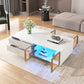 Modern White Coffee Table with 2 Glass Door Storage, 4 Drawers, Gold Metal Legs, and Multi-Color Lighting in 47.2'