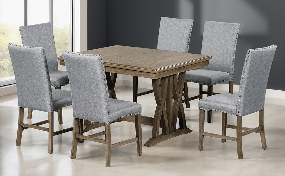 TOPMAX Mid-Century Solid Wood 7-Piece Expandable Dining Table Set with Soft Cushioned Chairs, Gold Brown and Gray