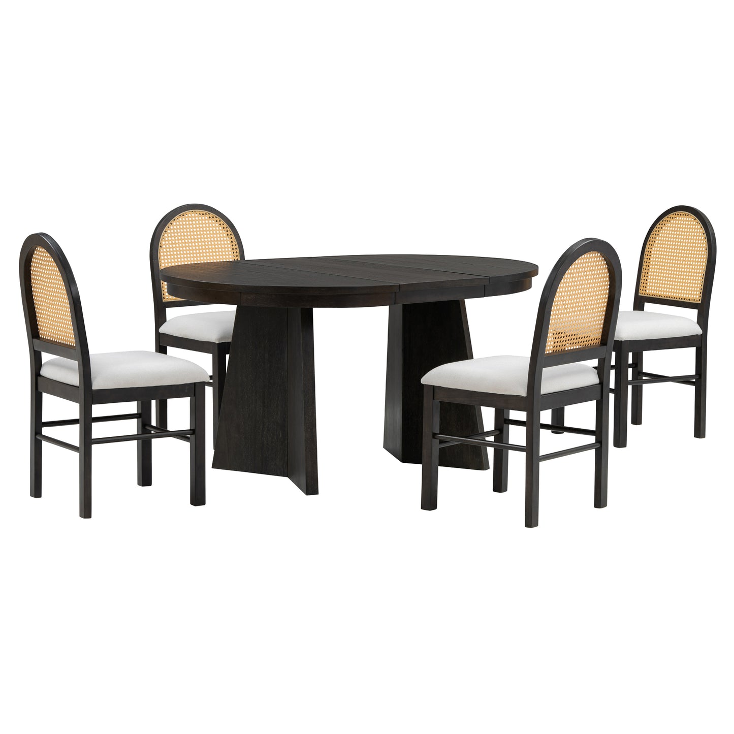 TREXM 5-Piece Retro Dining Set, Expandable Table and 4 Cushioned Chairs with Rattan Backrests, Espresso Finish