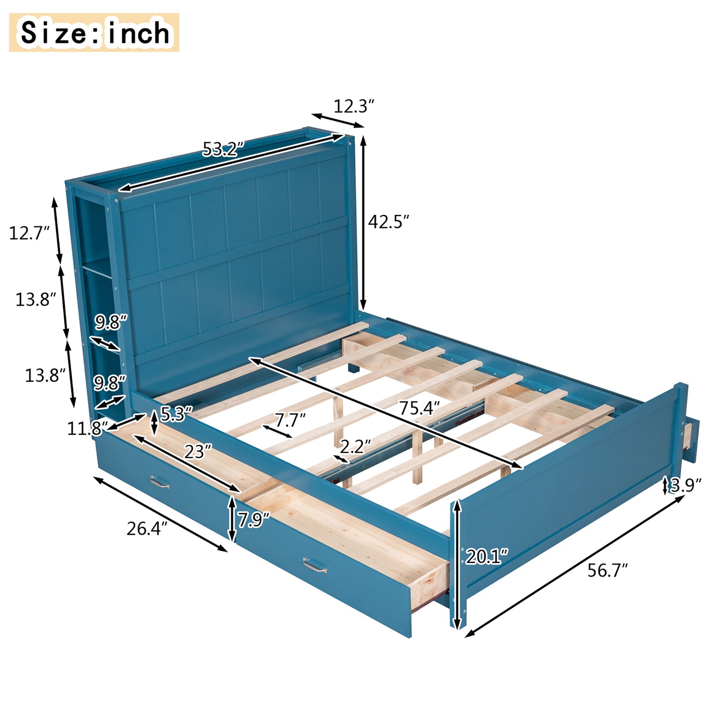 Full Size Platform Bed with Drawers and Storage Shelves, Blue