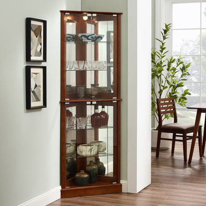 Corner Curio Dispaly Cabinet with Lights, Adjustable Tempered Glass Shelves, Mirrored Back,Walnut(E26 light bulb not included)