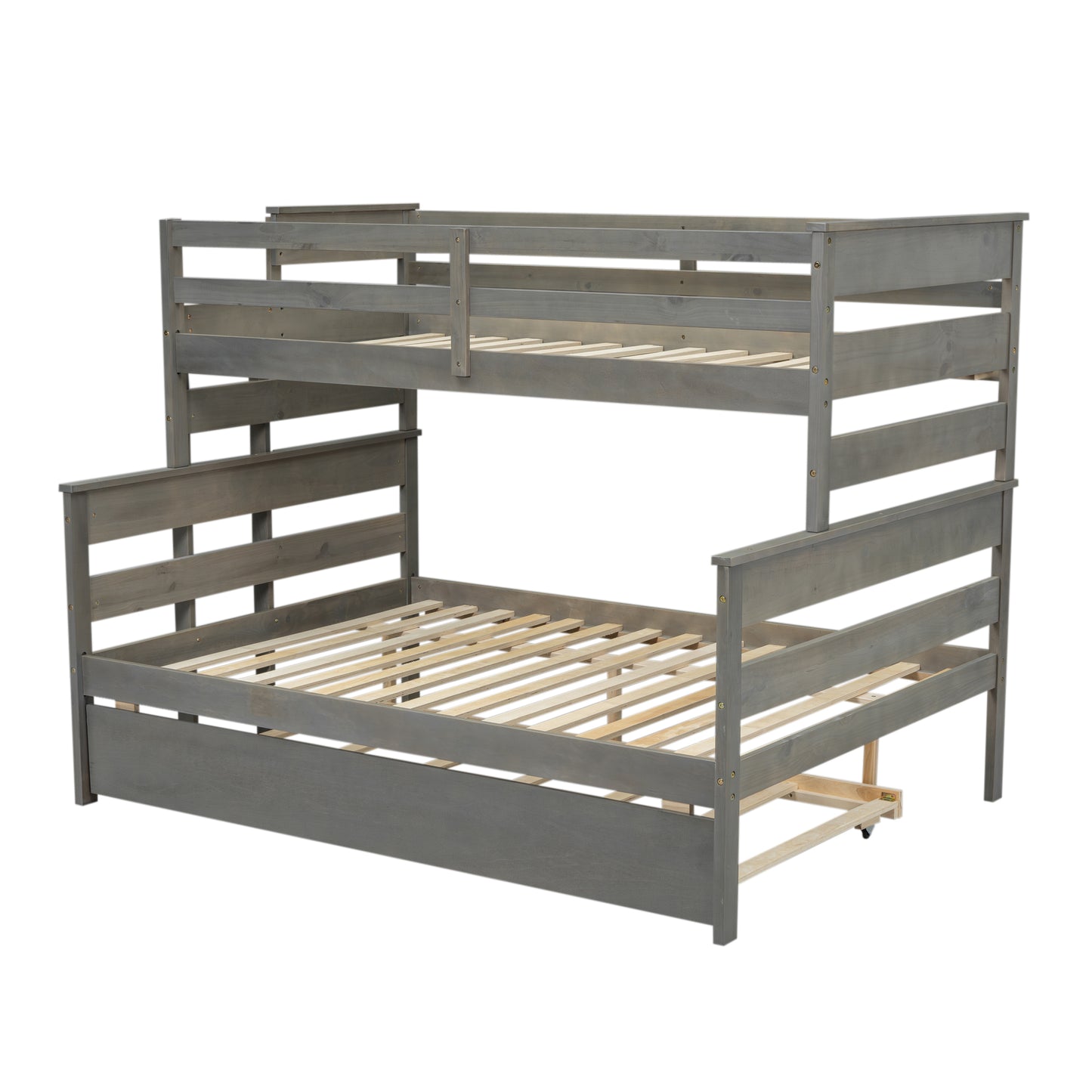 Wood Twin over Full Bunk Bed with Twin Size Trundle  Gray