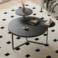 Modern coffee table with two display shelves, Black Faux marble surfaces, Tripod-inspired base,Rounded tabletop edges