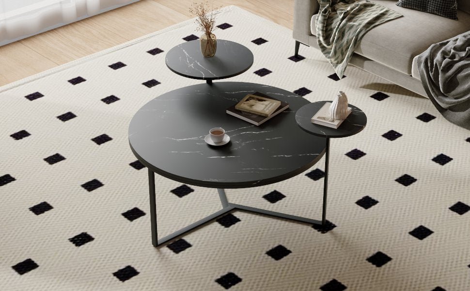 Modern coffee table with two display shelves, Black Faux marble surfaces, Tripod-inspired base,Rounded tabletop edges