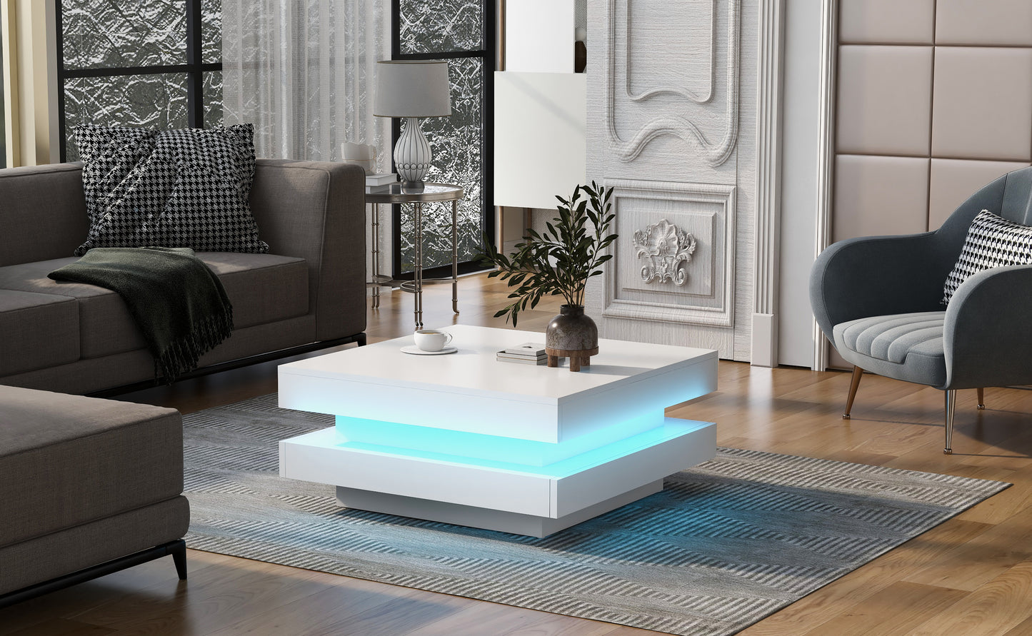 Mesa de centro minimalista cuadrada de alto brillo ON-TREND con luces LED, diseño de 2 niveles en acabado blanco