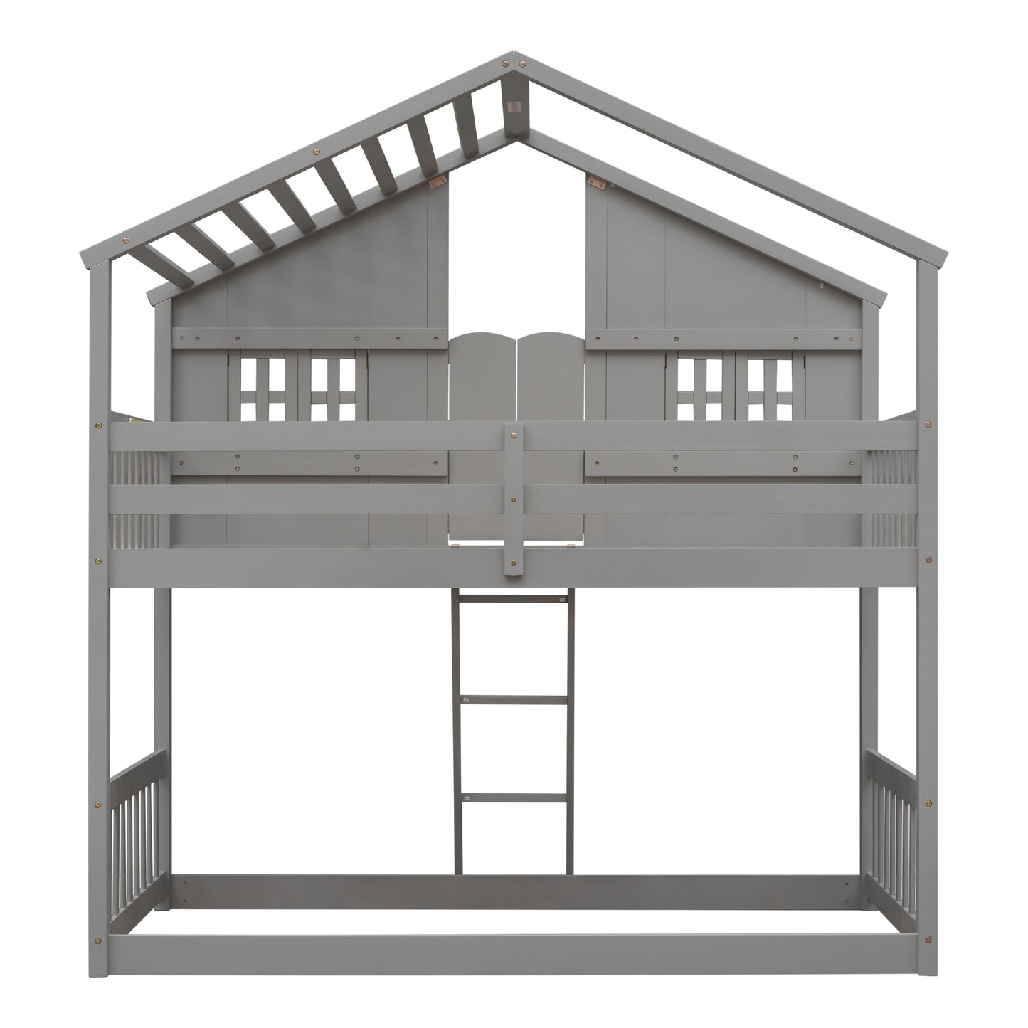 Twin over Twin House Bunk Bed with Roof , Window, Window Box, Door , with Safety Guardrails and Ladder, Grey