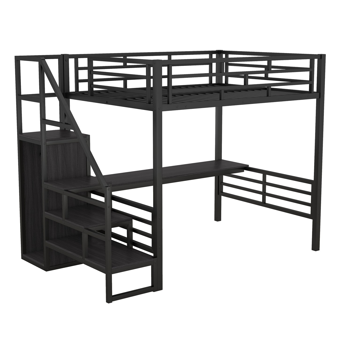 Full Size Metal Loft Bed with Desk, Storage Staircase and Small Wardrobe, Storage stairs can be installed left and right,Black