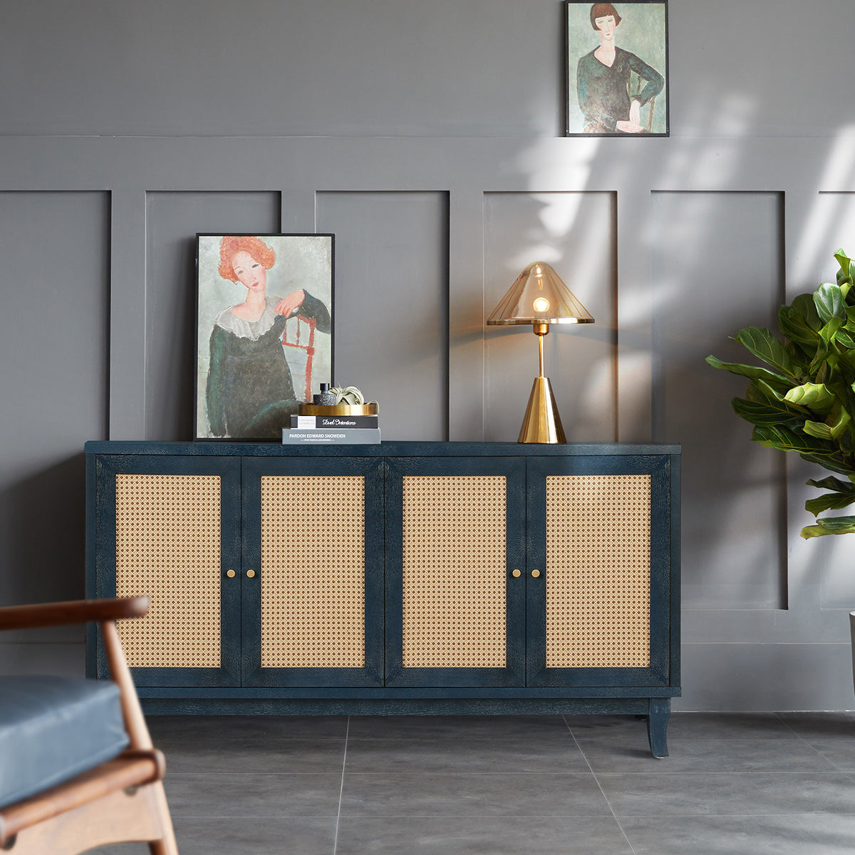 Stronger Vintage Style Buffet Cabinet, Lacquered Accent Storage with 4 Wooden Doors, Taupe Grey