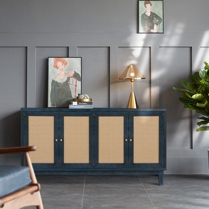 Mueble buffet de estilo vintage Stronger, almacenamiento con detalles lacados y 4 puertas de madera, color gris topo