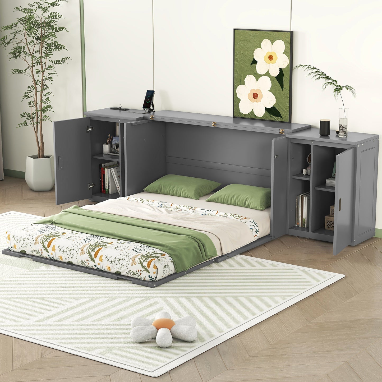 Cama plegable tamaño queen con estantes, gabinetes y puertos USB, acabado gris para dormitorios modernos