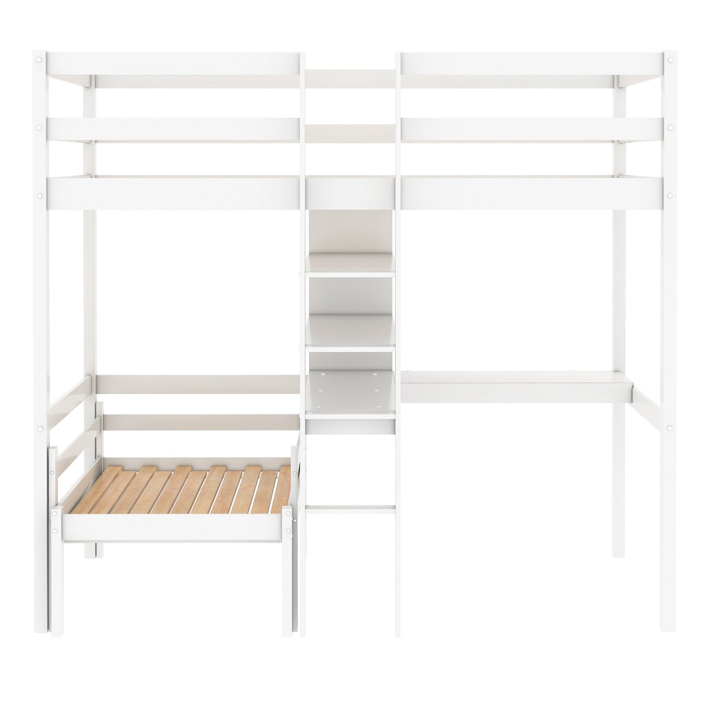 Convertible Loft Bed with L-Shape Desk, Twin Bunk Bed with Shelves and Ladder White