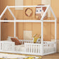 Twin Size Wood House Bed with Fence and Door, White