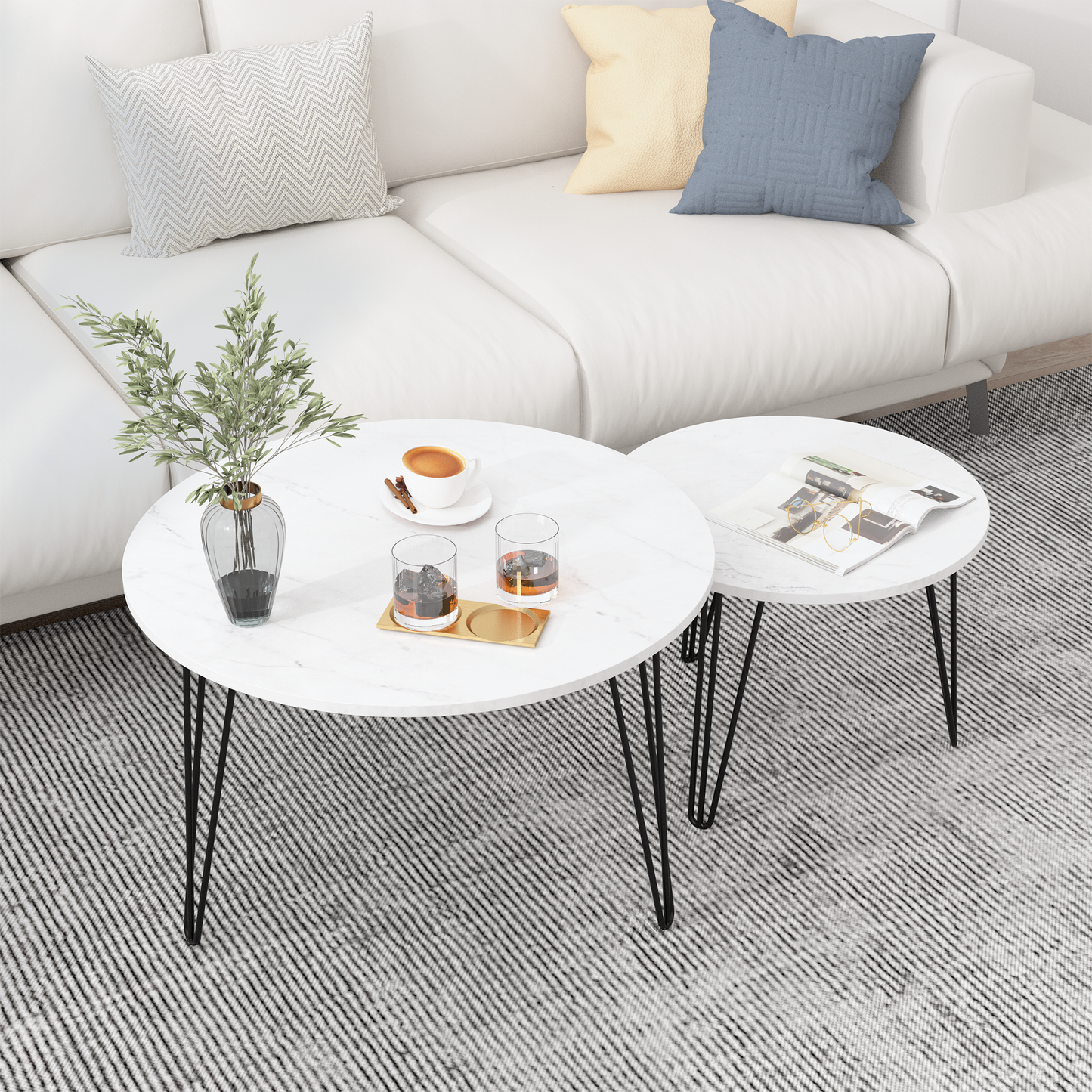 27.56'' Round Nesting Coffee Table Set of 2, Circular Nesting End Table Set Sturdy Metal Base for Living Room, bedroom, White