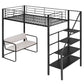 Twin Size Metal Loft Bed with Bench and Storage Staircase  Black