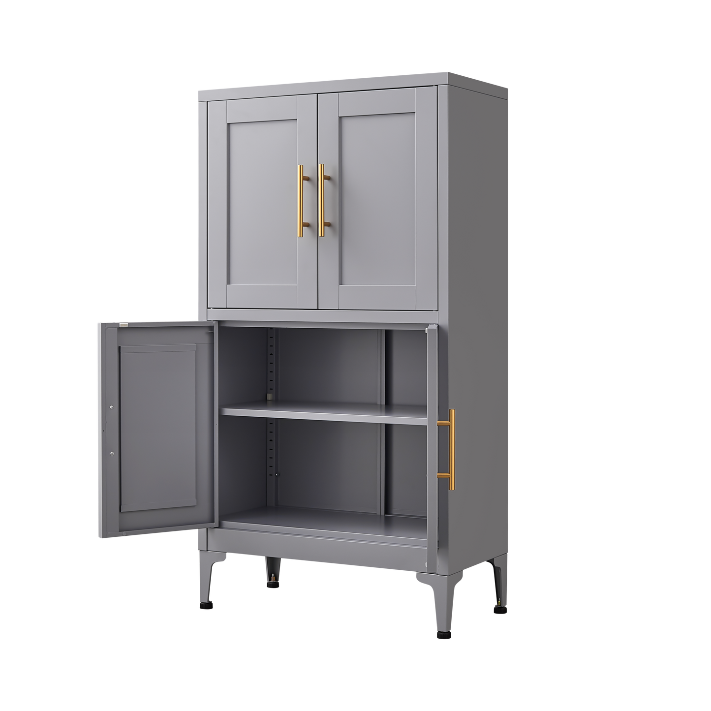 Grey Metal Kitchen Storage Cabinet with Adjustable Shelves and Leveling Feet