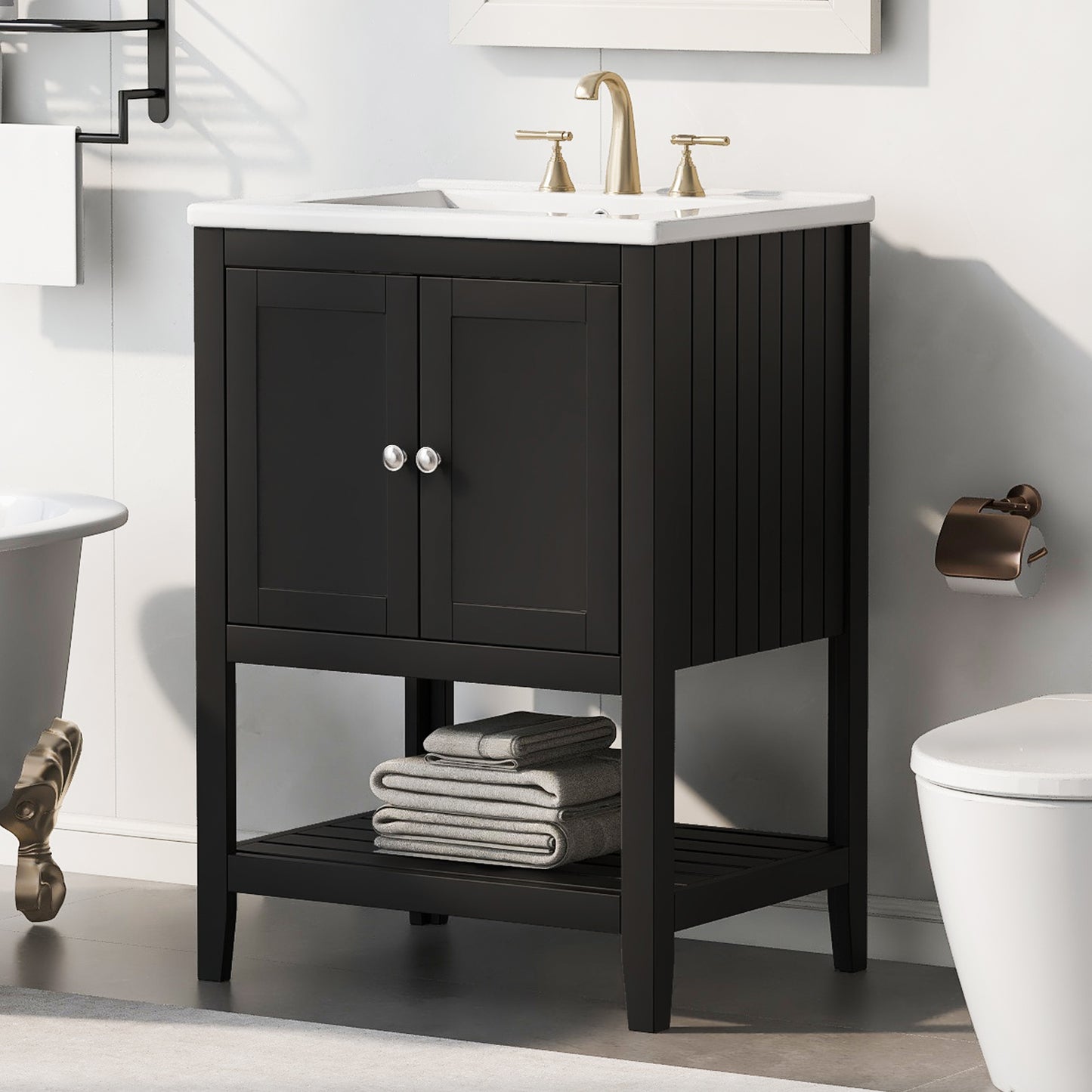 Black Modern Sleek Bathroom Vanity Elegant Ceramic Sink with Solid Wood Frame Open Style Shelf