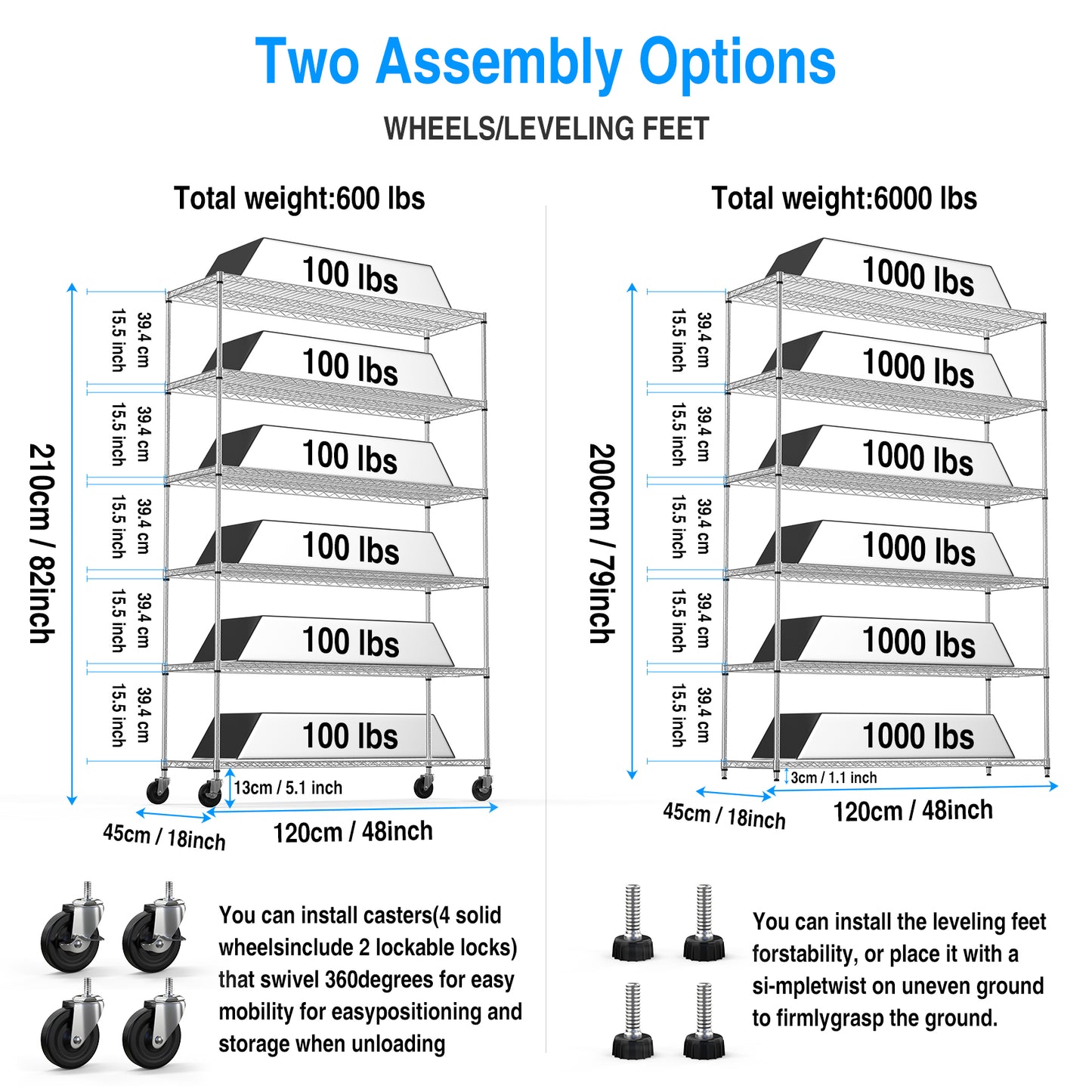 6-Tier Wire Shelving Unit, 6000 LBS Capacity, NSF-Approved Adjustable Metal Garage Storage Shelves with Wheels