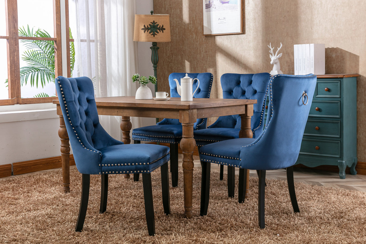 High-end Tufted Solid Wood Contemporary Velvet Upholstered Dining Chair with Wood Legs Nailhead Trim 2-Pcs Set Blue