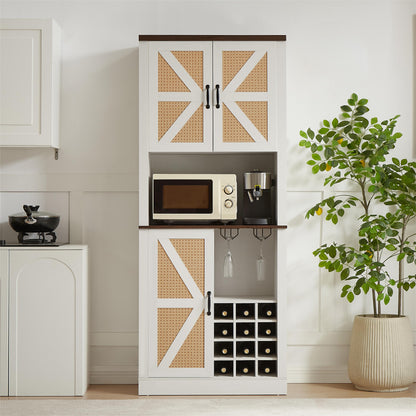 76-Inch Tall Farmhouse Kitchen Faux Rattan Wine Cabinet with Square Compartments and Shelves