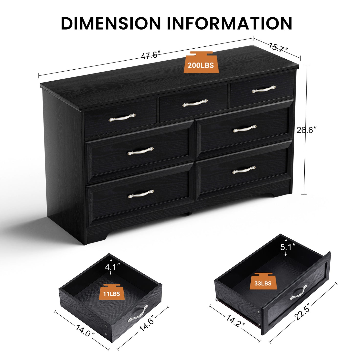 Modern 3-Drawer Bedroom Chest of Drawers, 7-Drawer Dresser with Metal Pulls, Black Finish