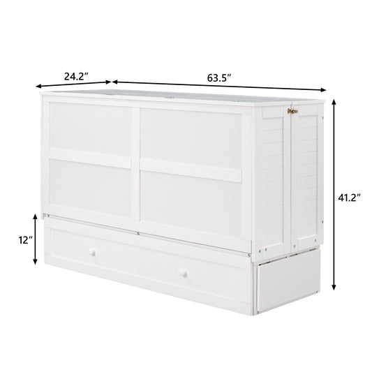 Queen Size Mobile Murphy Bed with Drawer and Little Shelves on Each Side White