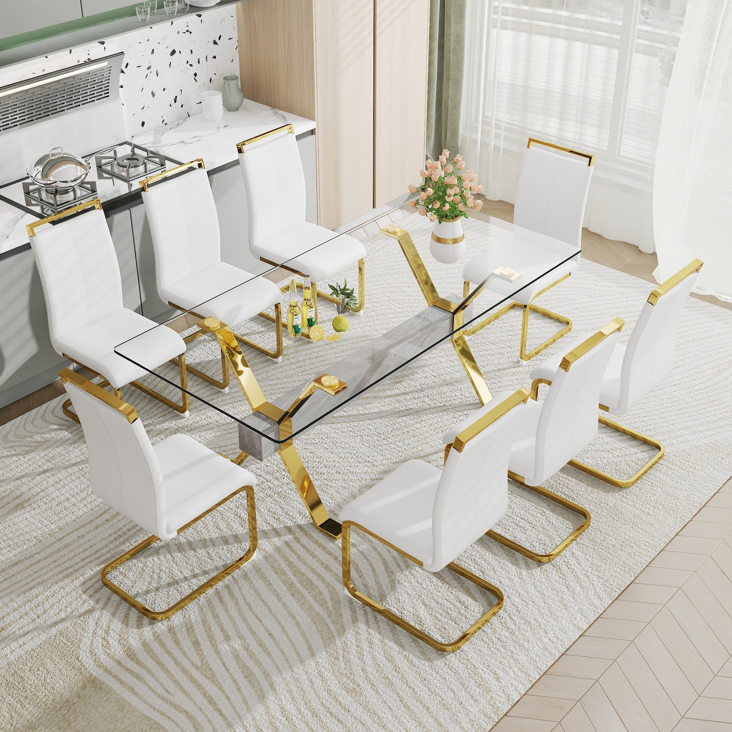 Modern Tempered Glass Dining Table, Large Office Desk with Gold Plated Metal Legs and MDF Crossbars