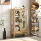 Dual door Curio cabinet with tempered glass doors, mirrored back panel and adjustable shelves, home lighting display cabinet Oak