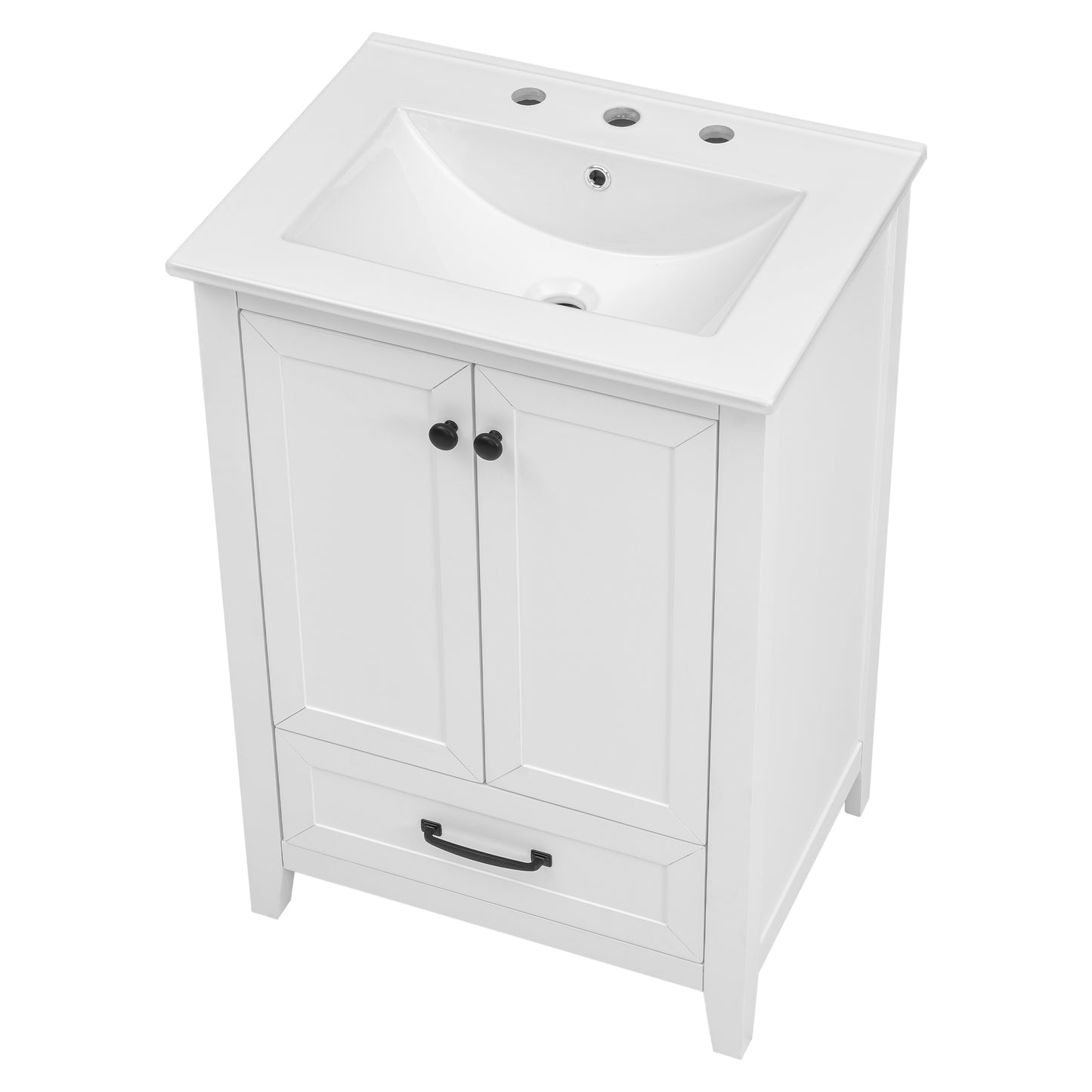 24" Bathroom Vanity with Sink, Solid Wood and MDF Cabinet with One Drawer and Doors, White Finish